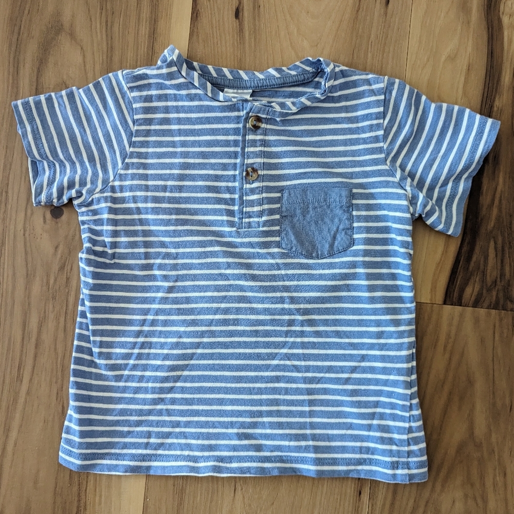 H&M Baby Size 12-18M Striped Henley Short Sleeve Shirt Blue White Pocket Buttons